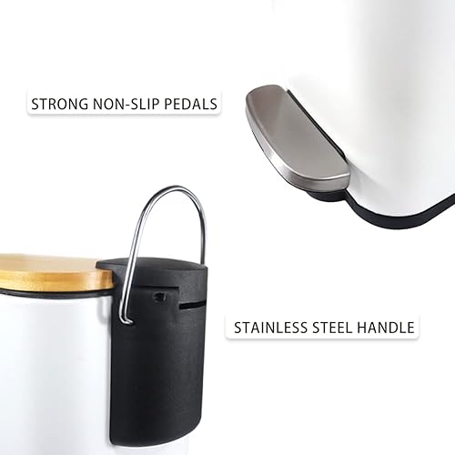 Miniatura 5 de Bote de basura de baño con tapa de bambú cierre suave y pedal de pie pequeño cubo de basura rectangular delgado con cesta de basura interior para