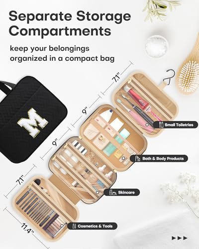 HOTOR Travel Toiletry Bag - Personalized Chenille Initial Makeup Bag, Water-Resistant Personalized Gifts for Women, Portable Travel Accessories & Essentials, Letter M, Black, 11.4"×9.0"×3.35"3