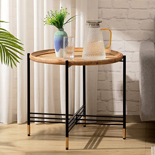 HollyHOME Couchtisch, Breites Rundes Holztablett, Metallrahmen, Beistelltisch, Einfache Montage für Wohnzimmer, Schlafzimmer, Büro, Indoor, Outdoor, Garten, Terrasse Cover