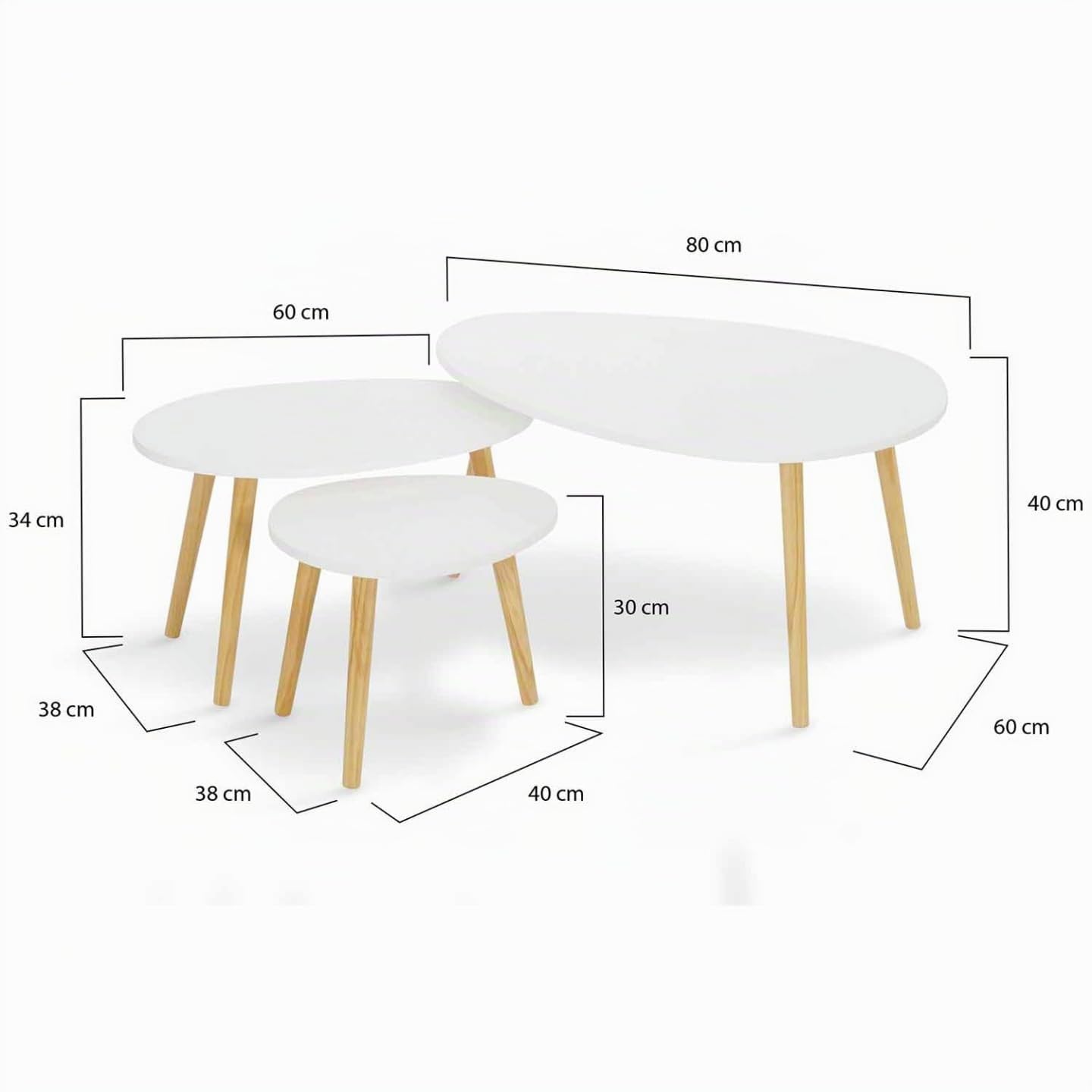 IDMarket – Juego de 3 mesas bajas nido Gaia lacadas blanco escandinavo