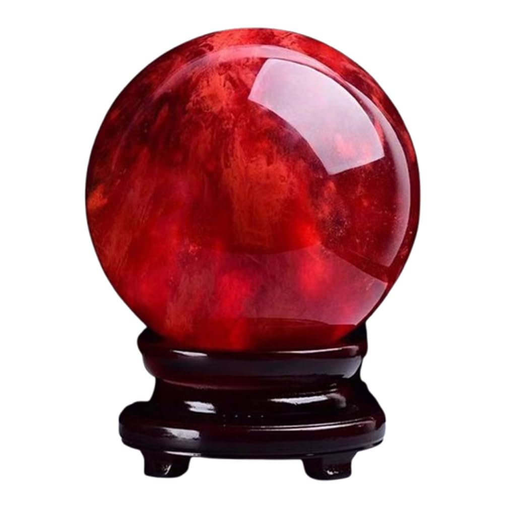 ICXLPMC Red Crystal Ball, Smelting Stone with Solid Wood Swivel Base for, Balance, Divination Sphere, Home Decoration, Fengshui,10cm