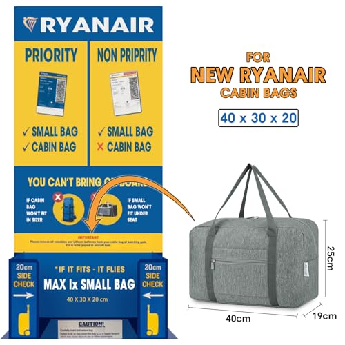 Narwey 20L Ryanair Handgepäck 40x30x20, Klein Sporttasche Faltbare Reisetasche Handgepäck Tasche Flugzeug für Damen, Travel Bag Weekender Herren (Grau)
