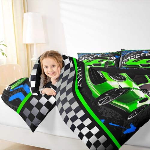 Image of Feelyou Boys Race Car Comforter Race Sports Car Bedding Set for Kids Boys Sports Theme Comforter Set Toddler Size Checkered Inner Fill Duvet Set Fluorescent Green 1 Comforter Set with 1 Pillowcase
