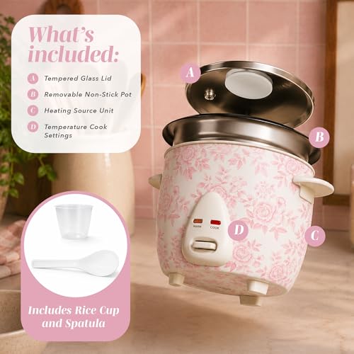 Image of COOK WITH COLOR 6 Cup Rice Cooker 300W - Effortless Cooking and Perfectly, Cooks 3 Cups of Raw Rice for 6 Cups of Cooked Rice, Floral Pink
