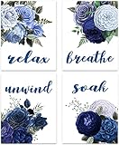 RUARTO Relax Soak Unwind Breathe Blue Flower Wall Art Bathroom Decor, Blue Botanical Art Canvas Prin