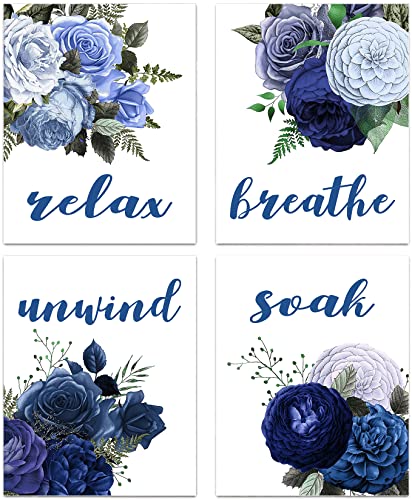 Ruarto Relax Soak Unwind Breathe Blue Flower Wall Art Bathroom Decor, Blue Botanical Art Canvas Prints For Bedroom Living Room Office College Dormitory Wall Decoration, Set Of 4(8X10 Inch Unframed) #TOP6