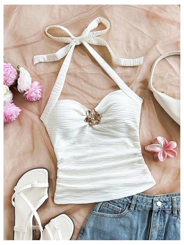 SOLY HUX Women's V Neck Halter Tops Open Back Y2k Ruched Floral Metal Summer Going Out Cami Tops3