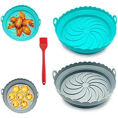 2 Pack Foldable Air Fryer Silicone Pot, 7"Reusable Silicone Air Fryer Liners with 1Pcs Brush, Greaseproof Airfryer Basket Rack Accessories, Replacements for Disposable Parchment Paper Liner Cover