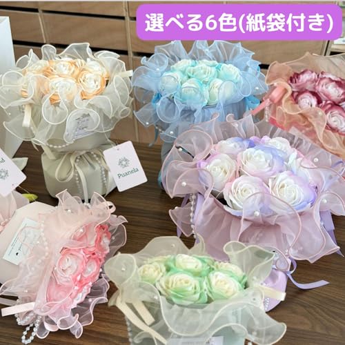 【anan掲載店・プロ推奨】 Puanela ソープフラワー 花束 ギフト 誕生日 母の日 退職 卒業 敬老の日 プレゼント 花 造花 バラ 紙紙袋付き (バラ：ガーネット) [2]