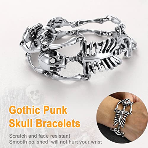 U7 Gothic Skull Bracelets for Men Women, Stainless Steel/18K Gold Plated/Silver Black Punk Skeleton Head Chain Bracelet Party Accessories for Rapper Biker4
