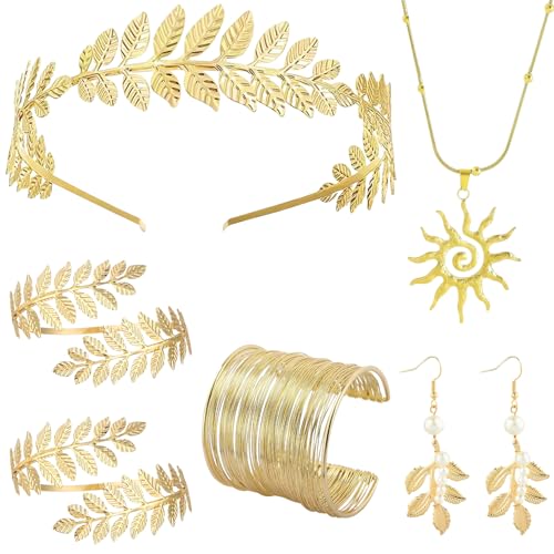Molirex 7 Pcs Greek Goddess Costume Women Toga Accessories Set Golden Laurel Leaf Crown Upper Arm Cuff Coil Bracelet Sun Necklace Dangle Earrings for Bridal Wedding