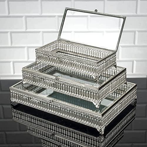 Handmade Fancy Keepsake Boxes, Metal Display Cases With Clear Acrylic Lids, Vintage Gold Jewelry Box, Decorative Boxes With Lids For Home Décor, And Storage (Medium, Silver) #TOP3