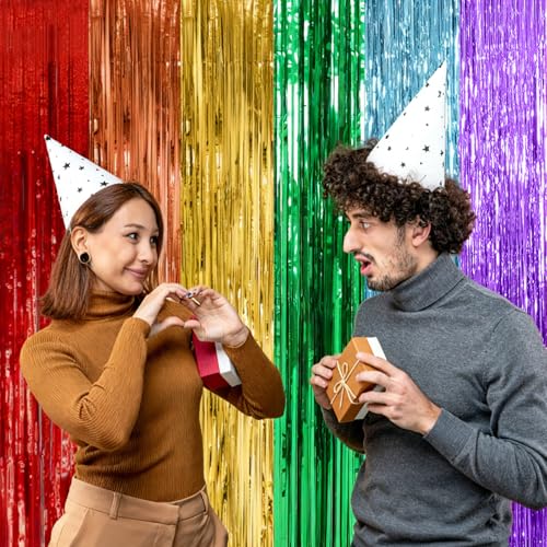 Image of 10 Pack Rainbow Backdrop Party Decorations Tinsel Curtain Party Streamer Foil Fringe Birthday Decorations Photo Booth Colorful Theme First Day of School Engagement Baby Shower Decor