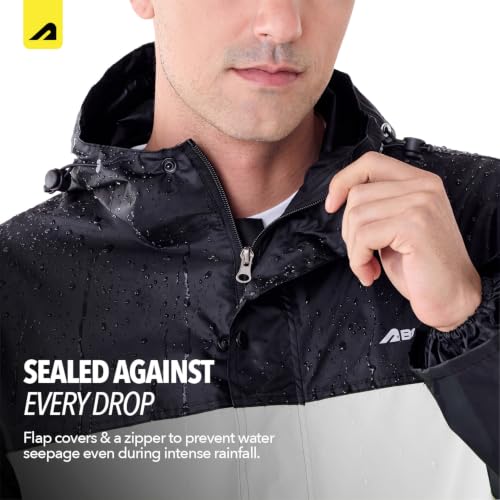 Image of Boldfit Rain Coat for Men Waterproof Raincoat Set for Women with Reflective Trim-Windproof Jacket & Pants Suit with Hood, Pockets & Breathable, Durable Fabric for Outdoor, Travel- Black Grey, XL-XXL