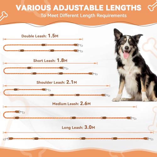 PETCOOZ Hundeleine 3 M Verstellbare Schleppleine für Mittel- & Großhunde(15-60kg), Reflektierende Freihandleine mit 2 Karabiner, Doppelleine aus Robustem Nylon, 200 kg Extreme Kraft