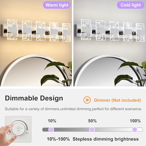Image of Modern LED Bathroom Light Fixtures Dimmable 5-Light Chrome Vanity Light | 5CCT Adjustable Lighting, Smoked Acrylic LED Vanity Lights, Wall Sconces for Bathroom, Dimmable 6000K
