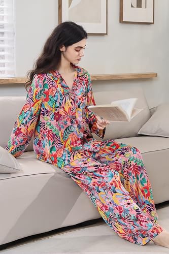 Image of YiNi LuLu Womens Silk Satin Pajamas Set Button Down 2 Piece Pjs Long Sleeve Oversized Sleepwear with Pockets