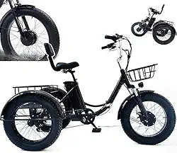 Triciclo elétrico dobrável para adultos, pedal de pneu gordo de 50 cm com cesta de compras, bateria removível 48V/13Ah, visor digital LCD (velocidade, quilometragem, potência, tempo), para