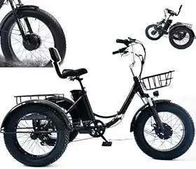 Triciclo elétrico dobrável para adultos, pedal de pneu gordo de 50 cm com cesta de compras, bateria removível 48V/13Ah, visor digital LCD (velocidade, quilometragem, potência, tempo), para