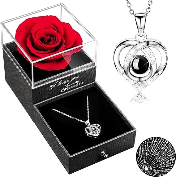 Preserved Rose Flower Gifts for Women, Real Rose Flower with Heart Necklace Eternal Flowers Rose Gifts Infinity Fresh Flower with Jewelry Gift for Birthday Gift, Women-image-34