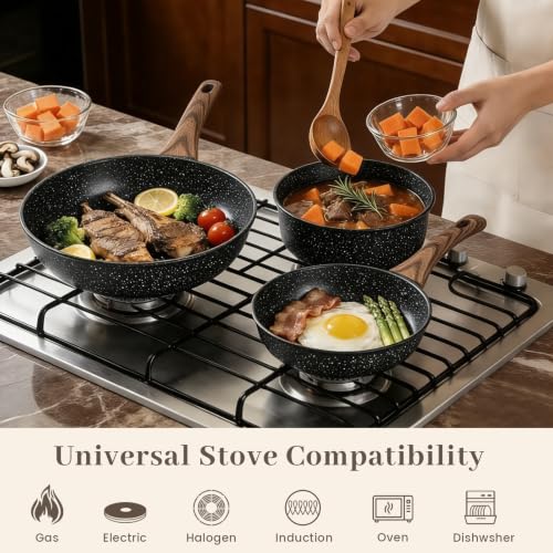Image of Frying Pans Skillet - 9 Pieces Nonstick Frying Pan Set Includes 3 Sizes (8 inch / 10 inch / 12 inch), PFOA Free, Induction & Oven Safe, Easy to Clean for Home Daily Cooking