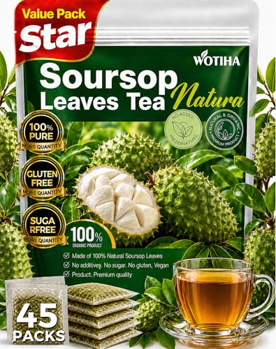 WOTIHA 45 Count Premium Soursop Graviola Tea Bags - 100% Natural soursop leaves, Non-GMO, Caffeine/Sugar/Gluten Free Vegan, Food-Grade Biodegradable Bags, Hojas De Guanabana.