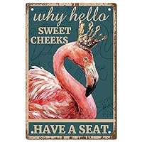 CREATCABIN Flamingo Vintage Sign Metal Tin Sign Wall Art Decor Why Hello Sweet Cheeks Retro Painting Poster Plaque Decor for Bathroom Kitchen Cafe Wall Halloween 12 x 8 Inch