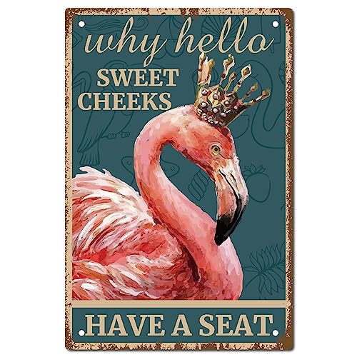 CREATCABIN Flamingo Vintage Sign Metal Tin Sign Wall Art Decor Why Hello Sweet Cheeks Retro Pintura...
