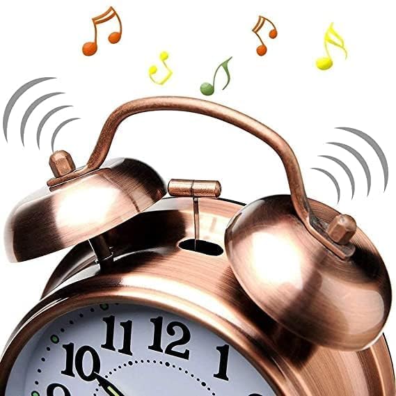 Image of Classic Twin Bell Analog Alarm Clock - Retro Metal Table Clock with Night Light & Loud Ringer - Ideal for Bedroom, Office, or Study (Copper)
