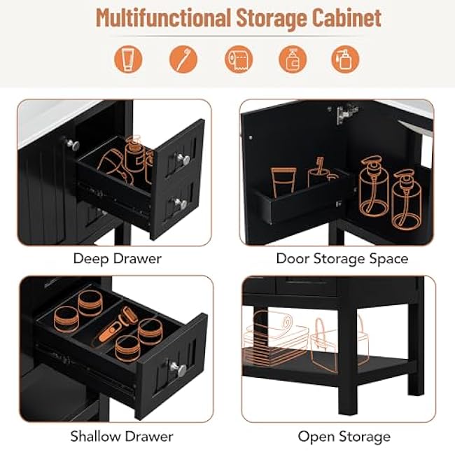 30 Inches Transitional Bathroom Vanity Cabinet Combo with Ceramic Sink, Soft Close Doors Drawers, Black Finish for Bathroom Living Room (2 Drawers + 1 Door)