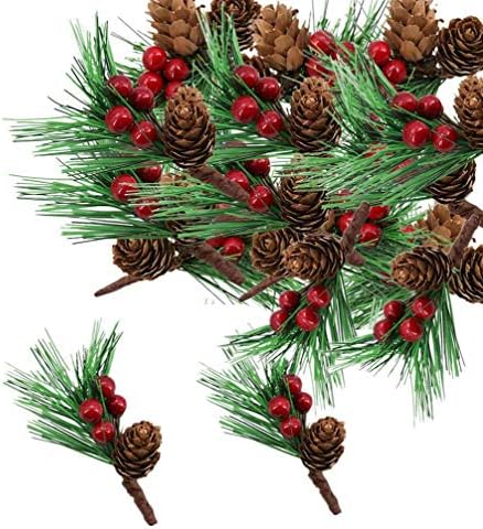 10 Pcs Artificial Pine Picks Christmas Pine Needles with Red Berries Pine Cones,Christmas Artificial Pine Cones Berry Stems Decor Bouquets for Craft,Garden,Xmas Flower Arrangements Wreaths Decor
