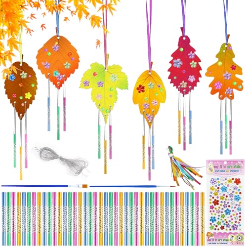 GOUYENG Windspiel Bastelset Kinder,12 Stück Ahornblatt Windspiel,Herbst Bastelset,Herbstblatt Klangspiel,Holz Herbstbastelei mit Diamant Aufkleber,Holz Herbst Blatt,für Mädchen Junge