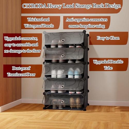 Image of Premium Multipurpose Modular 𝟓 𝐒𝐇𝐄𝐋𝐅 Plastic Shoe Rack for Home with 5 Door | Stackable Organizer | Waterproof & Dustproof | Space Saving Storage for Home, Bedroom & Entryway - Black