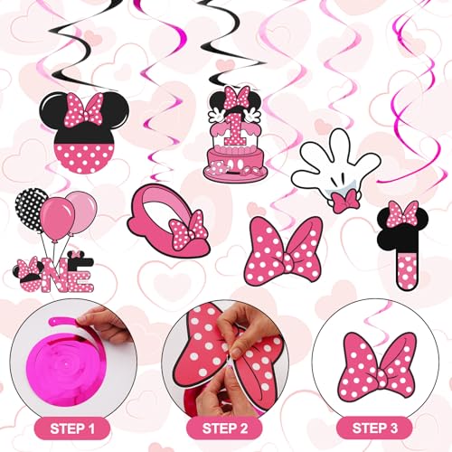 Image of Pink 1st Birthday Hanging Swirl Decorations,Mouse Birthday Party Ceiling Streamers,Pink Mouse Theme Party Supplies,Party Favors for Girls Kids(38 Pcs)