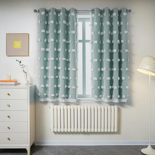 Image of MYSKY HOME Kids Curtains for Boys Bedroom Room Darkening Grommet Double Layer Curtains for Son Room Decor 63 Inches Long White Pom Pom Sheer Blackout Curtains 2 Layers Teal 52 x 63 Inch 2 Panels