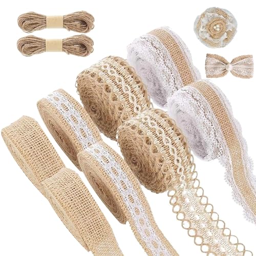MIYUANGKJ Cinta de yute con encaje, 8 rollos, cinta de yute natural, con 2 unidades de cuerda de yute de 10 m, cinta de encaje con borde blanco, tela para Navidad, boda, fiesta, hogar, decoración de