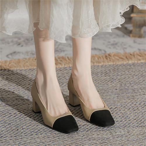 Women's Leather Slip On Two Tone Chunky Block Heel Pumps Close Square Toe Comfortable Dressy Shoes for Office Work Party Daily Wedding4