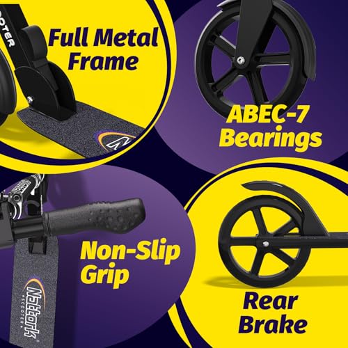 Image of Nattork Kick Scooter for Age 6+ Kids Teens Adults, Max Load 240 LBS, Adjustable Height Foldable with 8 inch Large Wheels, Anti-Shock Suspension