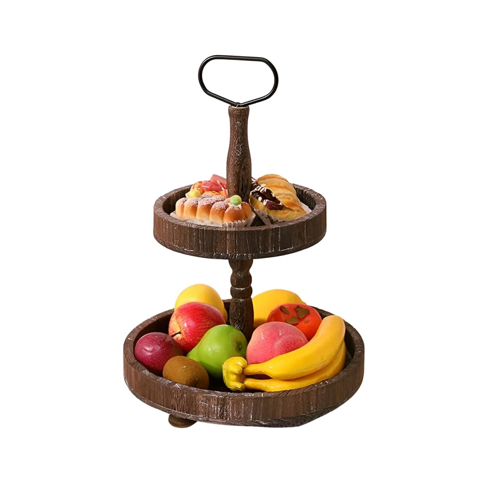 CTRLZS Rustic Style Wooden Tiered Tray, Farmhouse Decorative Tray, Round Tray with Metal Handles,Washed White