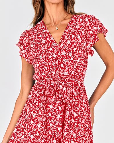 Image of BTFBM Women Summer Bohemian Floral Casual Wrap V Neck Ruffle Cap Sleeveless Belt A-Line Pleated Hem Midi Sun Dress White