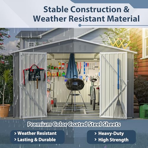 Image of YOPTO 10X8 FT Outdoor Storage Shed,Metal Shed W /Floor Frame,Garden Tool House W /Lockable Hinged Door,Air Vents & Sloped Roof,for Backyard Patio Lawn,Gray