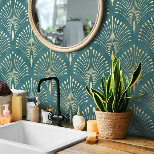 Livelynine 17.5x276 Art Deco Peel and Stick Wallpaper Vintage Teal Green Gold Elegant Wall Paper Renter Friendly Boho Peacock Feather Vinyl Wrap Self Adhesive Contact Paper Decorative for Furniture by Livelynine - Image 2
