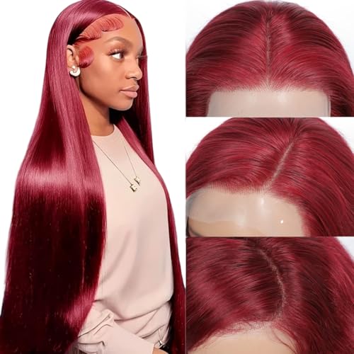 Junemet 30 Pouces Bordeaux Perruque Cheveux Humain 99j 13x4 Burgundy Straight Lace Wig Human Hair Densité 180% Bourgogne Perruque Bresilienne Femme Naturelle for Women HD Lace Glueless Wig Human Hair