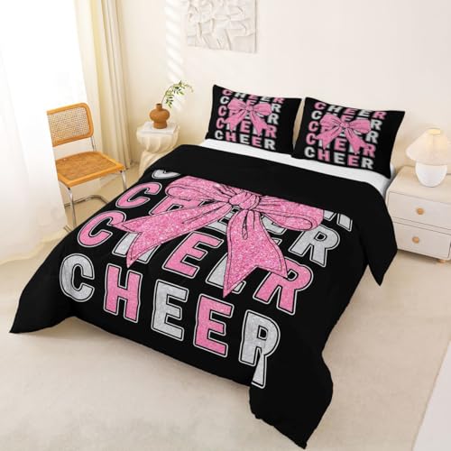 Image of Feelyou Pink Bowknot Cheer Comforter Set All Season Cheerleading Bedding Set with 1 Pillow Cases Glitter Cheerleader Microfiber Kids Twin Bedclothes Cheer Bow Bedroom Decor Duvet Quilt Soft