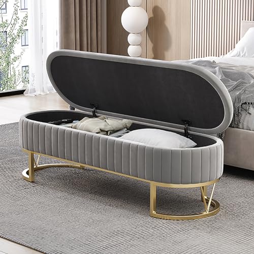 Banco de almacenamiento moderno de terciopelo, elegante banco tapizado para dormitorio con base dorada, cómodo taburete reposapiés para entrada y sala de estar, color gris (80 x 45 x 42 cm)