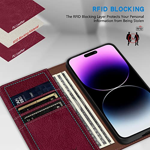 ZZXX for iPhone 14 Pro Max Wallet Case with [RFID Blocking] Card Slot Stand Strong Magnetic Leather Flip Fold Protective Phone Case for iPhone 14 Pro Max Case Wallet(Wine Red-6.7 inch)