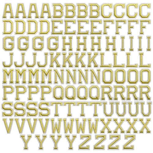 J.CARP 104Pcs Gold Alphabet A to Z Patches, Iron on Sew on Letters for Clothing, Hats, Shoes, Backpacks, Handbags, Jeans, Jackets etc.