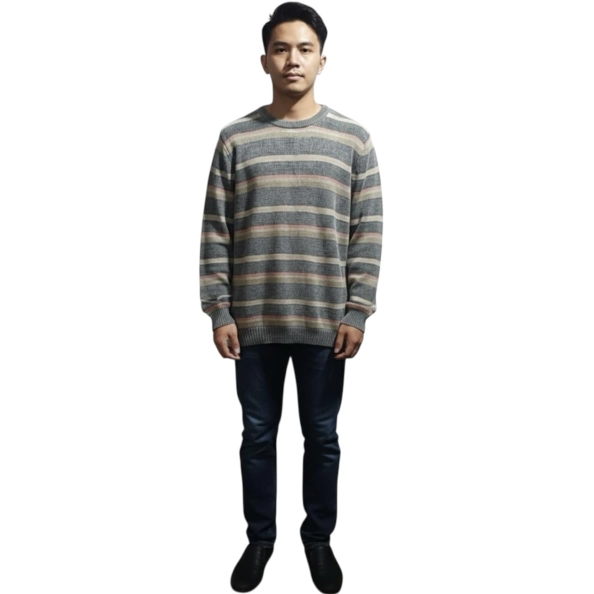 Mens Wool Blend Grey Striped Winter Sweater Size Chest 46 Inch Single Piece Pullover-image-6