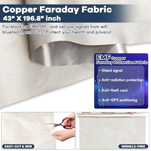 Image of Faraday Fabric 43 inch x 196.8 inch, Military Grade Signal Blocking Cloth Shields, Conductive Material Cover for WiFi, Cell, Bluetooth, RFID, EMP Protection with Faraday Tape