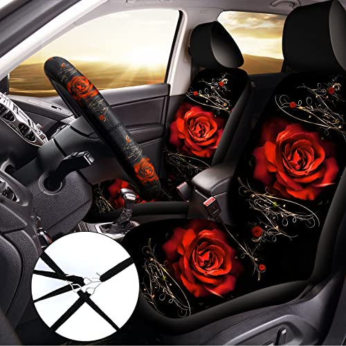Moukeren 26 Pcs Red Rose Car Seat Covers Full Set Rubber Steering Wheel License Plate Frame Armrest Seatbelt Mirror Covers Rose Flower Car Accessories for Truck SUV